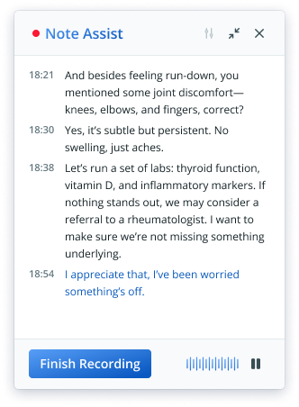 AI medical scribe conversation popup example