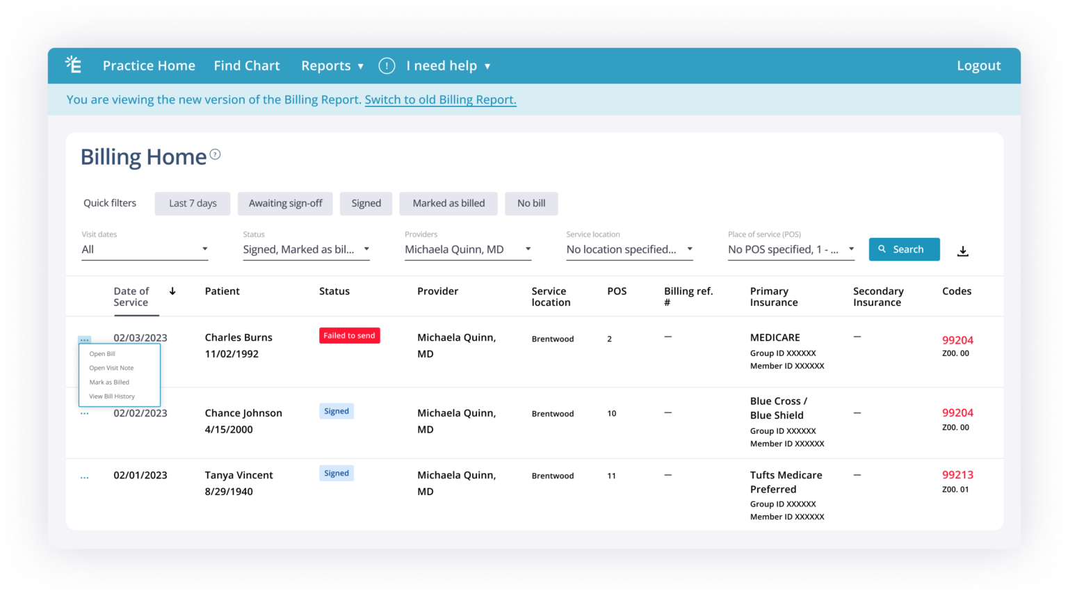Elation Billing home screen graphic
